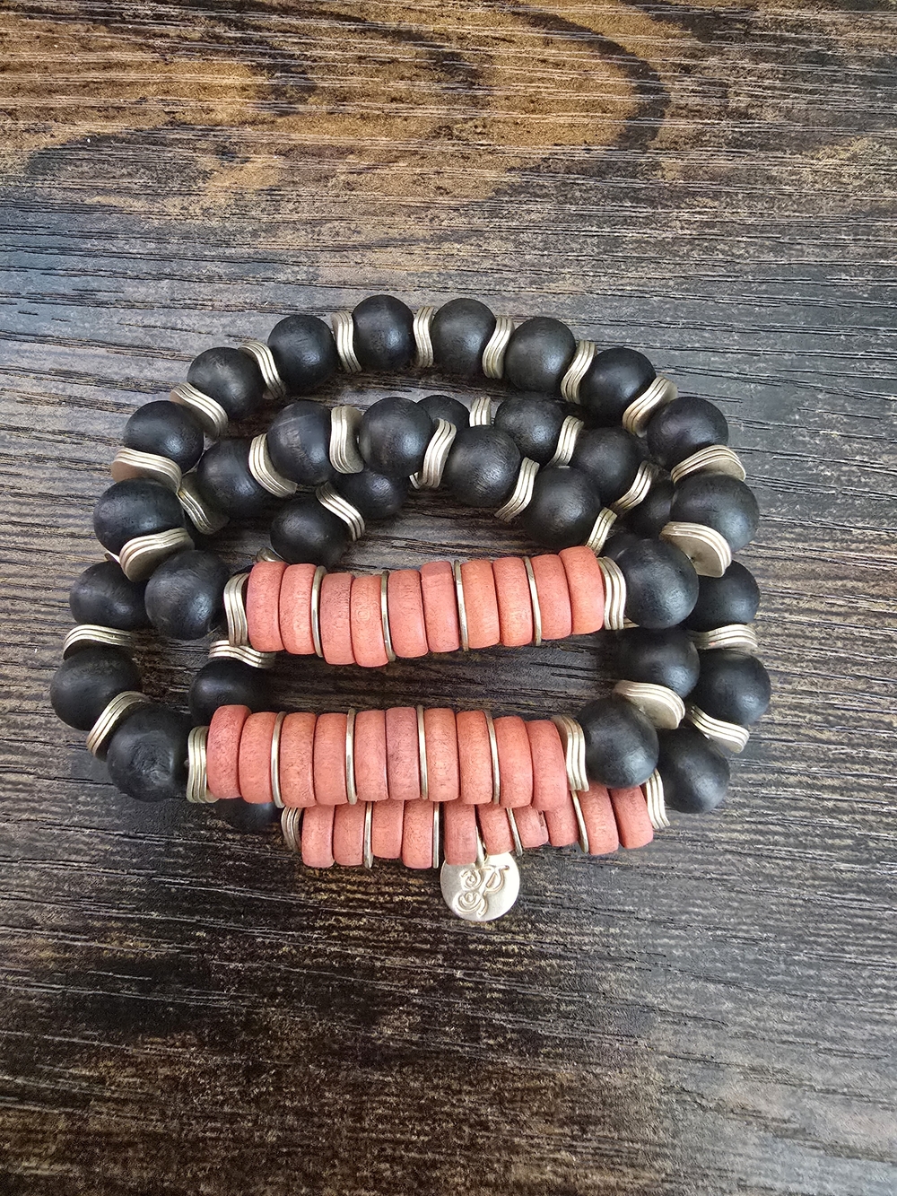 Plunder Coral and Black Stacked Bead Bracelet Set
